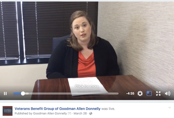 A Facebook live video on receiving benefits from Camp Lejeune was targeted to veterans who were stationed at Camp Lejeune between 1953 and 1987.