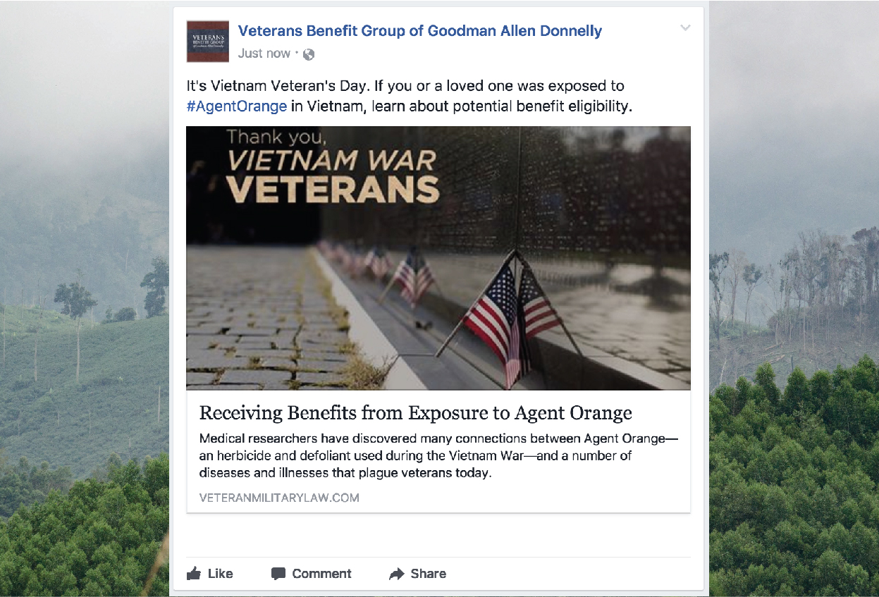 To reach veterans affected by Agent Orange, GAD shared its Agent Orange blog on Vietnam Veterans Day.
