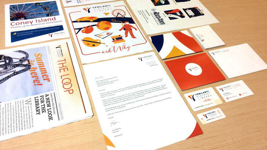Ypsilanti newsletter, graphics, and promotional items with the new branding